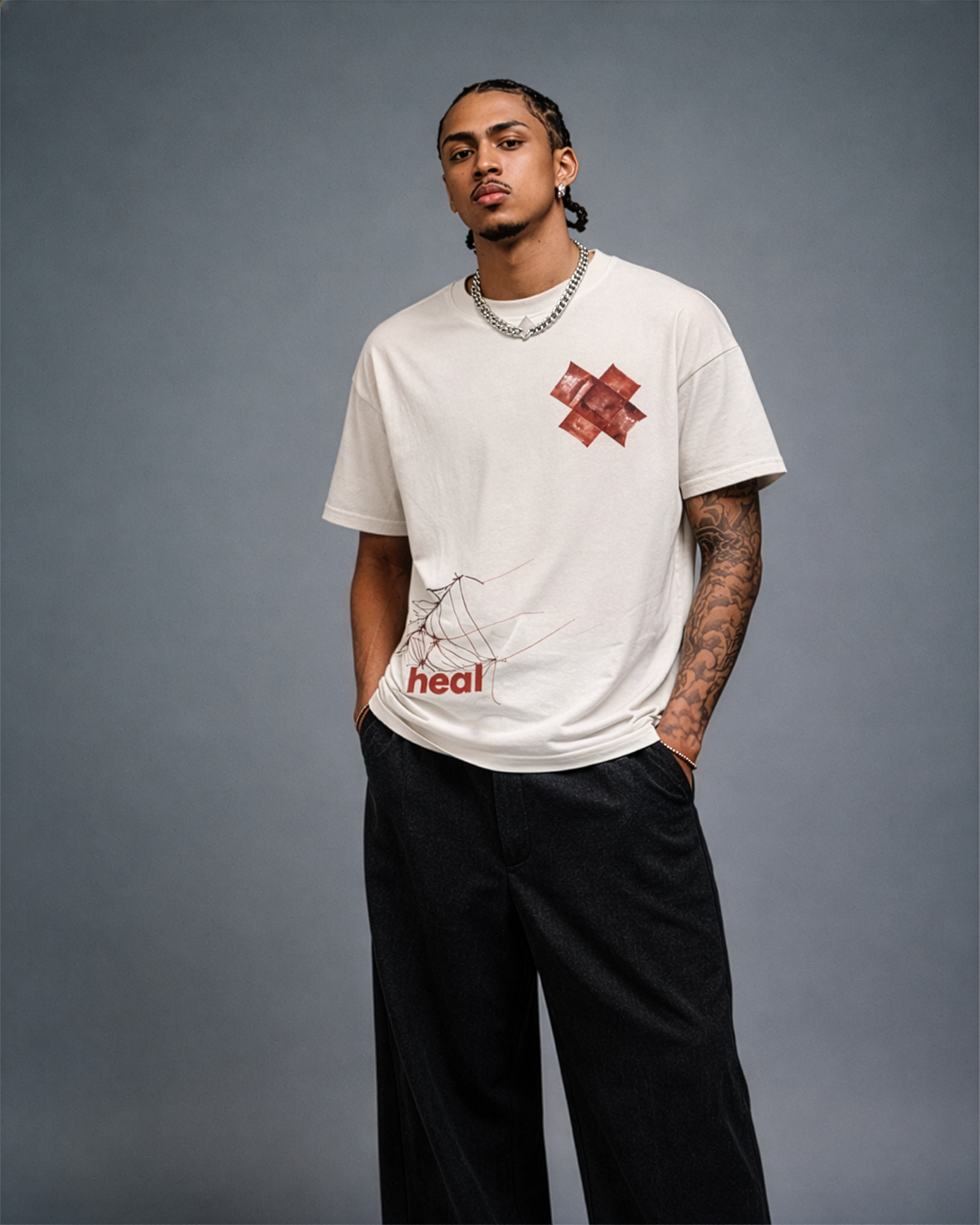 heal / repair | tape & web graphic tee red cross chest & hem mark heal / repair | tape & web graphic tee red cross chest & hem mark